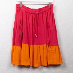 DONNA KARAN NY Off Shoulder Bell Sleeve Crinkle Cotton‎ Colorblock Top Pink Sz S